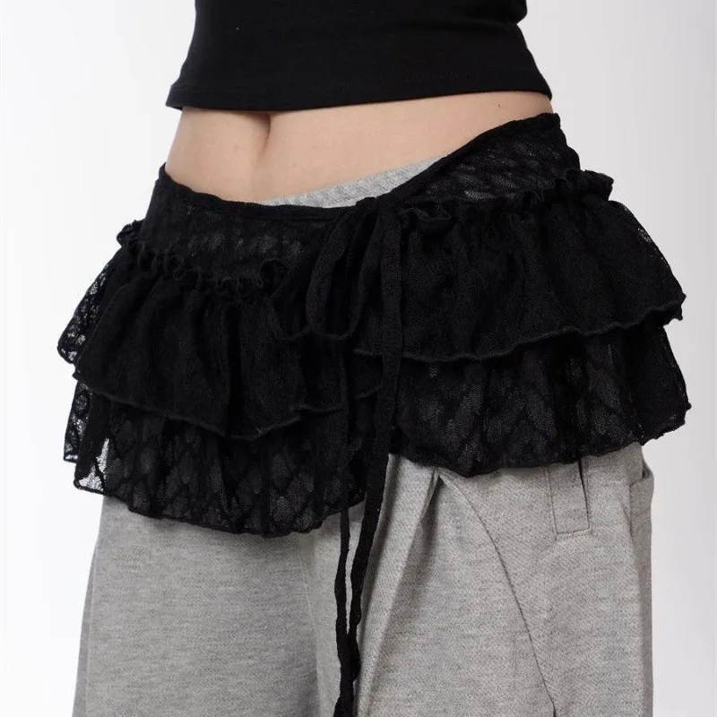 Lace Bandage Mini Skirt Women 2025 Spring Summer Overlap Ruffled Cake Skirts Korean Style Sweet Y2k Apron Streetwear