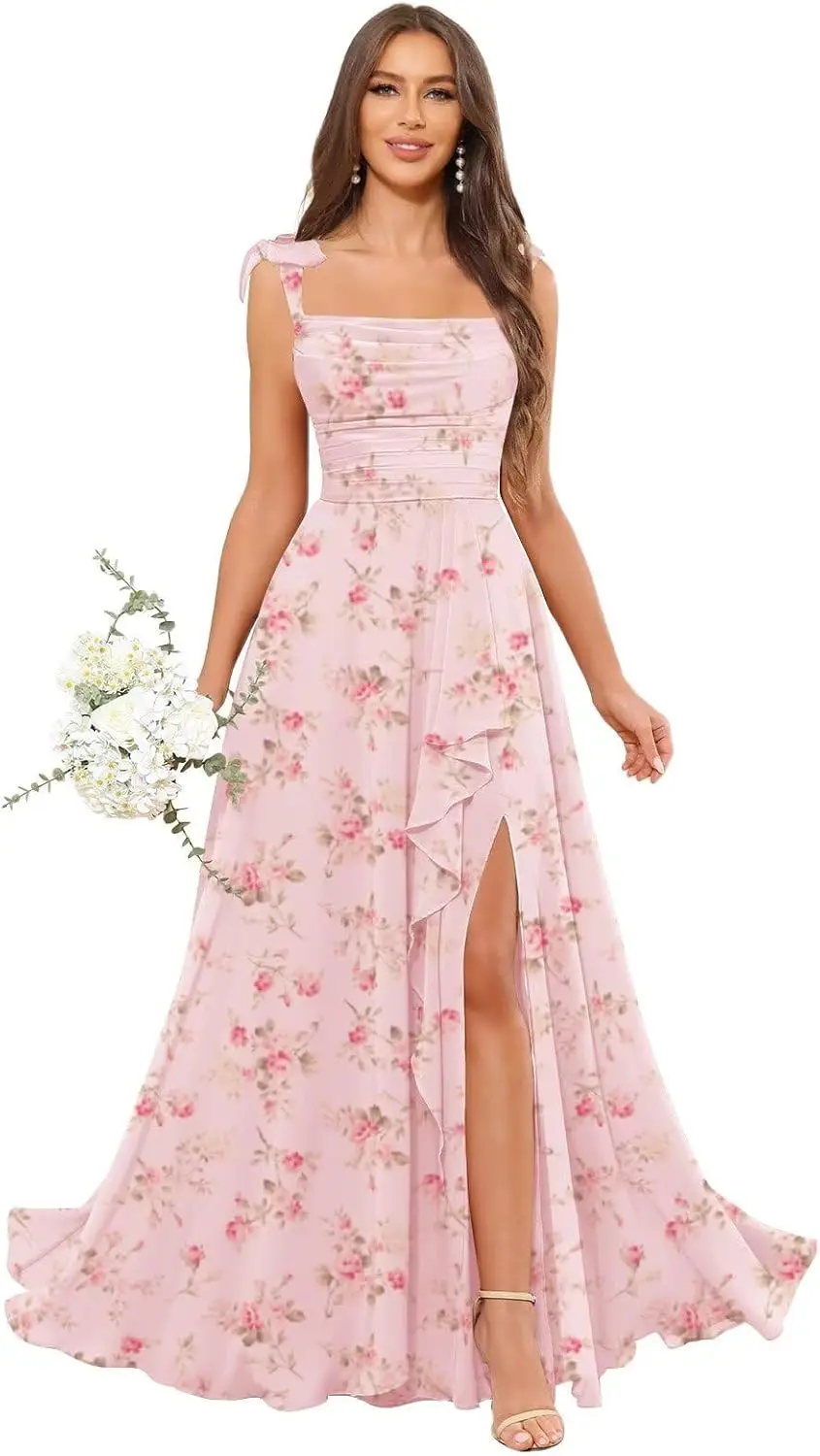 Vestido de dama de honor con borde de hoja de loto, tirantes finos para el hombro, gasa plisada, largo, Formal, para fiesta, banquete, elegante vestido de baile