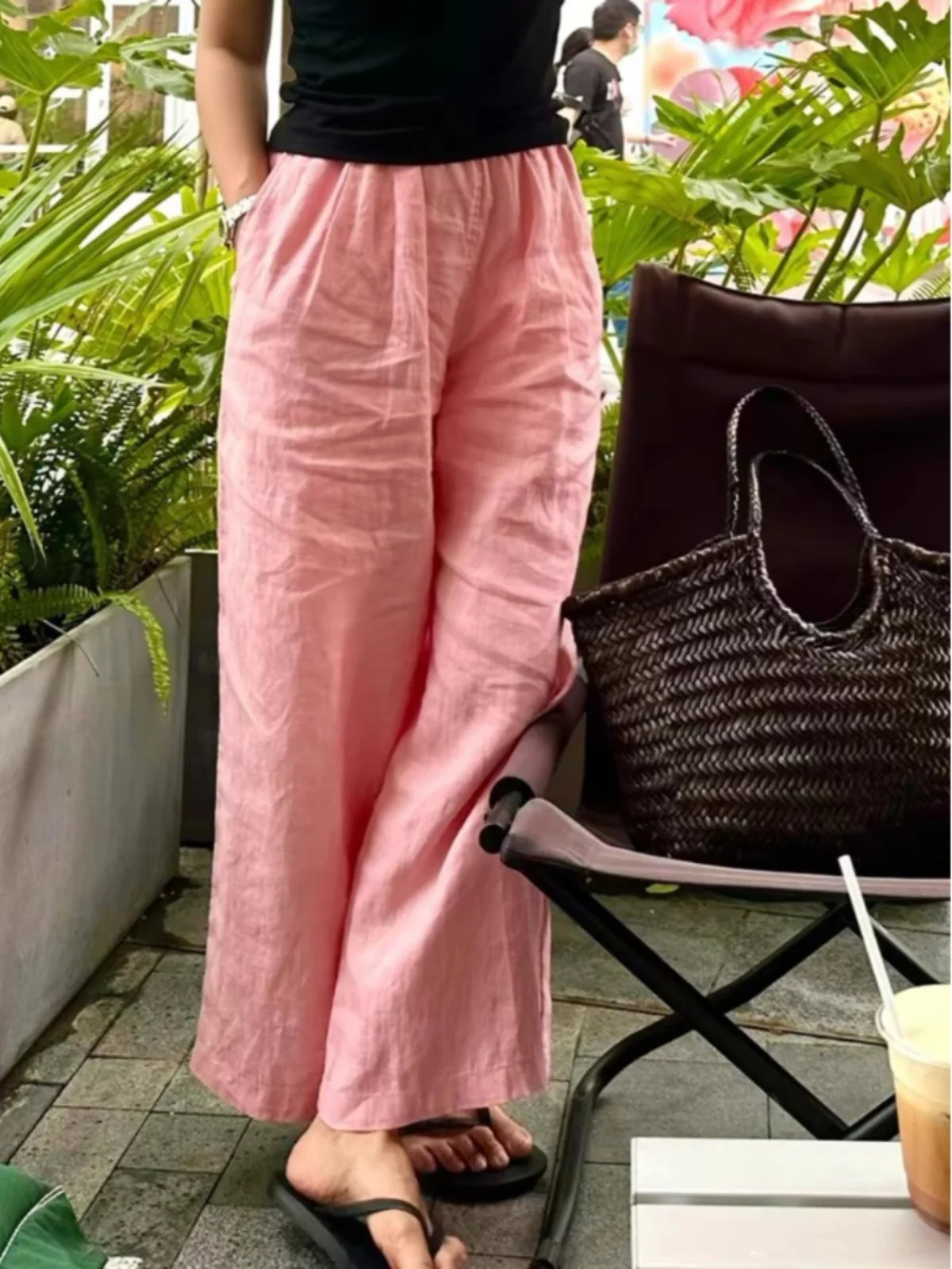 

Художественные однотонные льняные широкие брюки с эластичной резинкой на талии, прямые повседневные летние брюки для женщин больших размеров