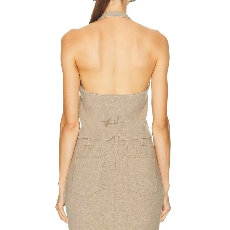 Chaleco halter de punto de un solo pecho con cuello en V de estilo retro con un sentido del diseño de nicho, sin mangas y versátil, chaleco corto en capas