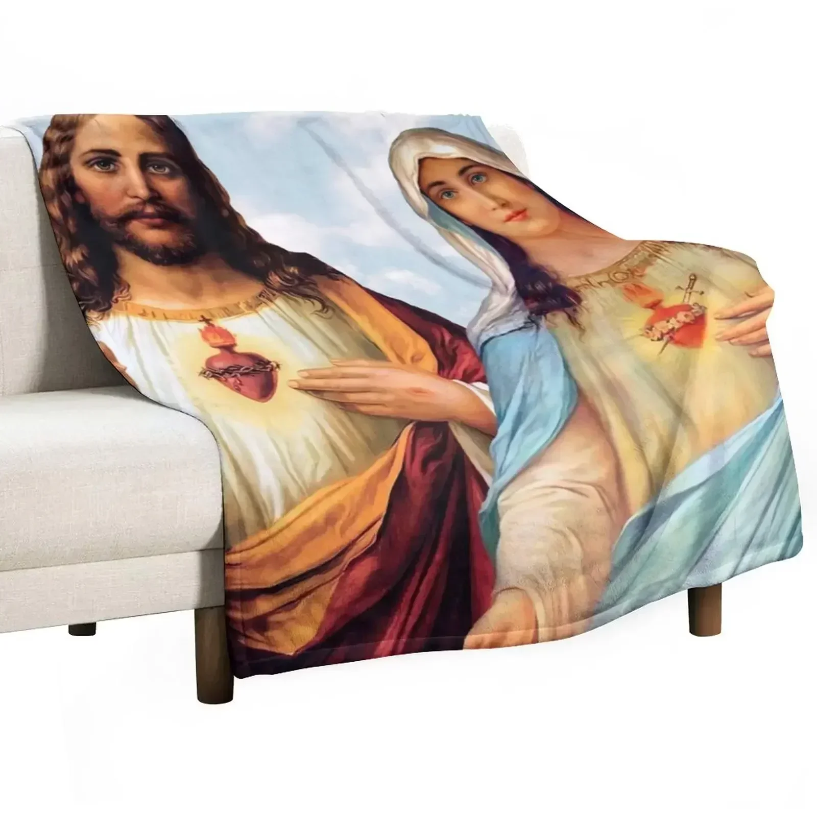 

Sacred and Immaculate Hearts - III (Jesus and Mary) sky background Throw Blanket Hairy Shaggy Soft Bed covers Blankets