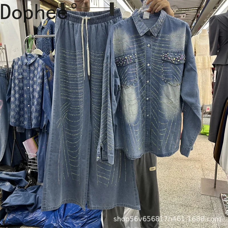 

Уличная одежда, весенне-осенние женские джинсовые комплекты, однобортная свободная рубашка с длинными рукавами и бриллиантами, пальто + прямые брюки с эластичной резинкой на талии