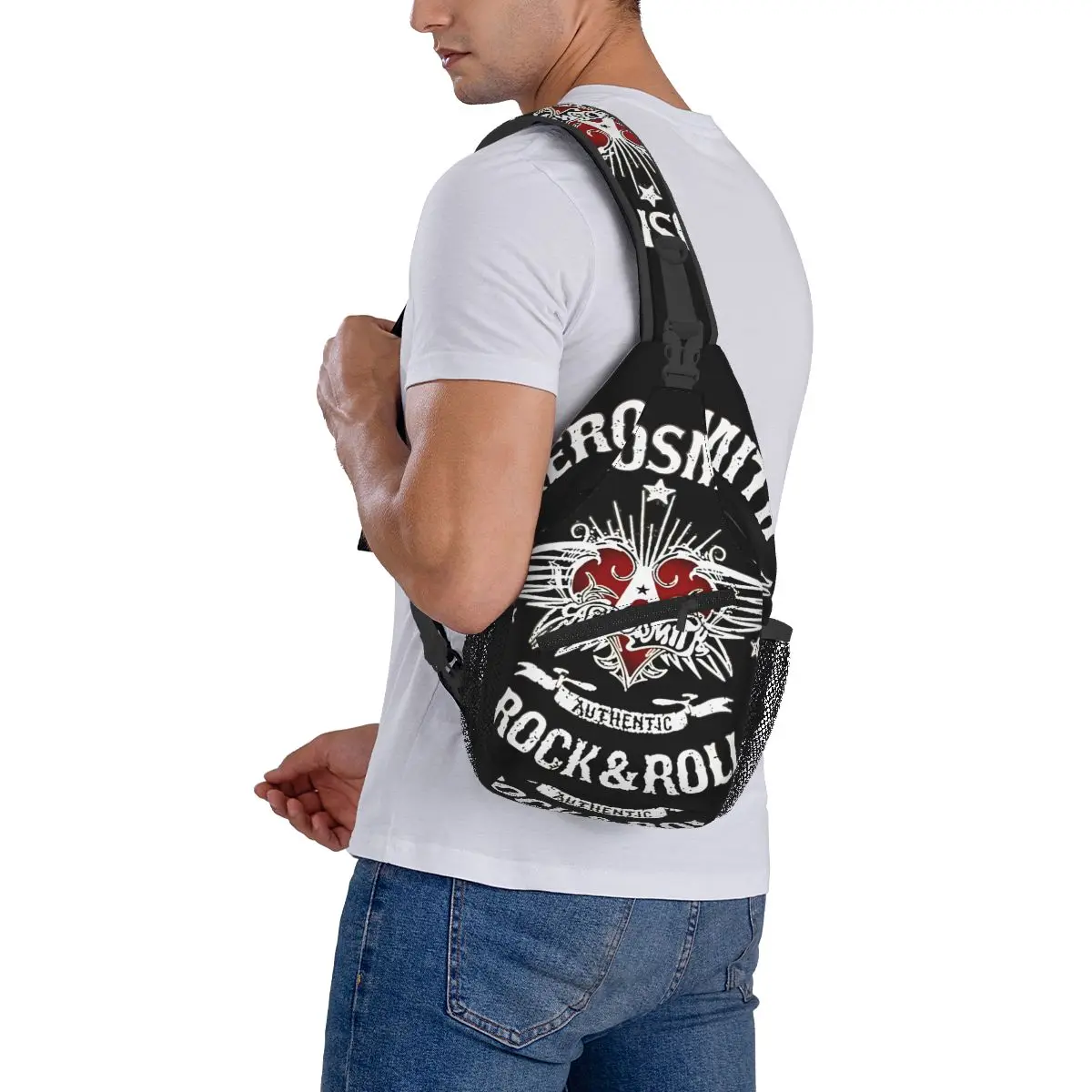 Aerosmith Rock Music Sling Borse Zaino a tracolla con tracolla sul petto Zaini per sport all'aria aperta Borse da scuola di moda punk in metallo pesante