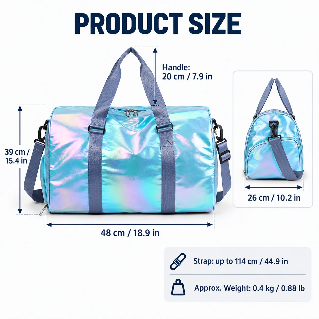 Holographic Gym Bag for Women with Shoe Compartment Wet Pocket, Large Travel Duffle Weekender Bag, Blue Shoulder Tote view 6