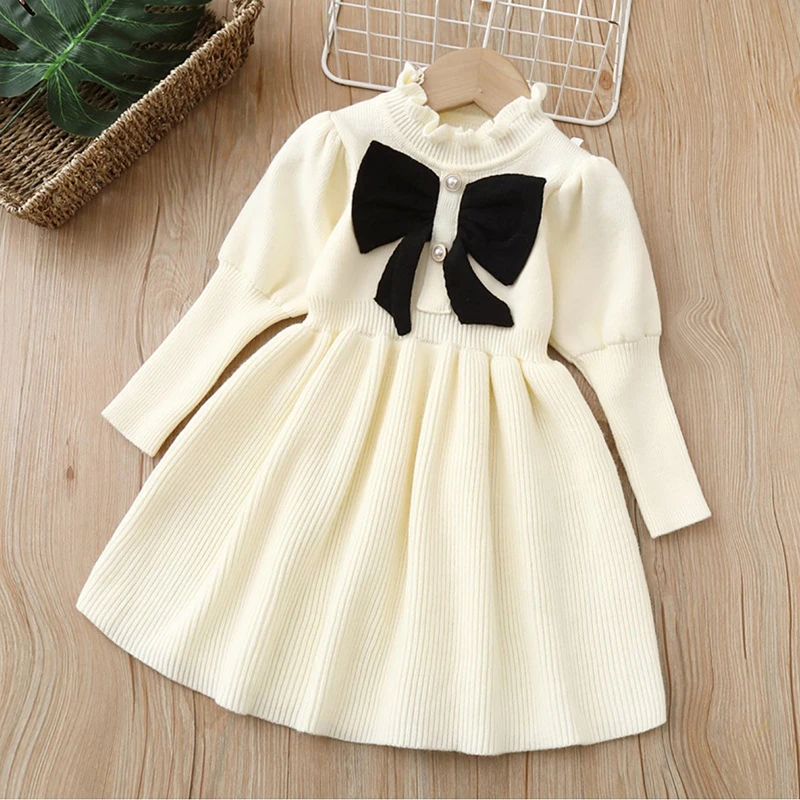 2024 Girls Autumn Dresses Warm Long Sleeve Knit Sweater Kids Red Christmas New Year Party Princess Gown 2-6 Years Baby Vestido