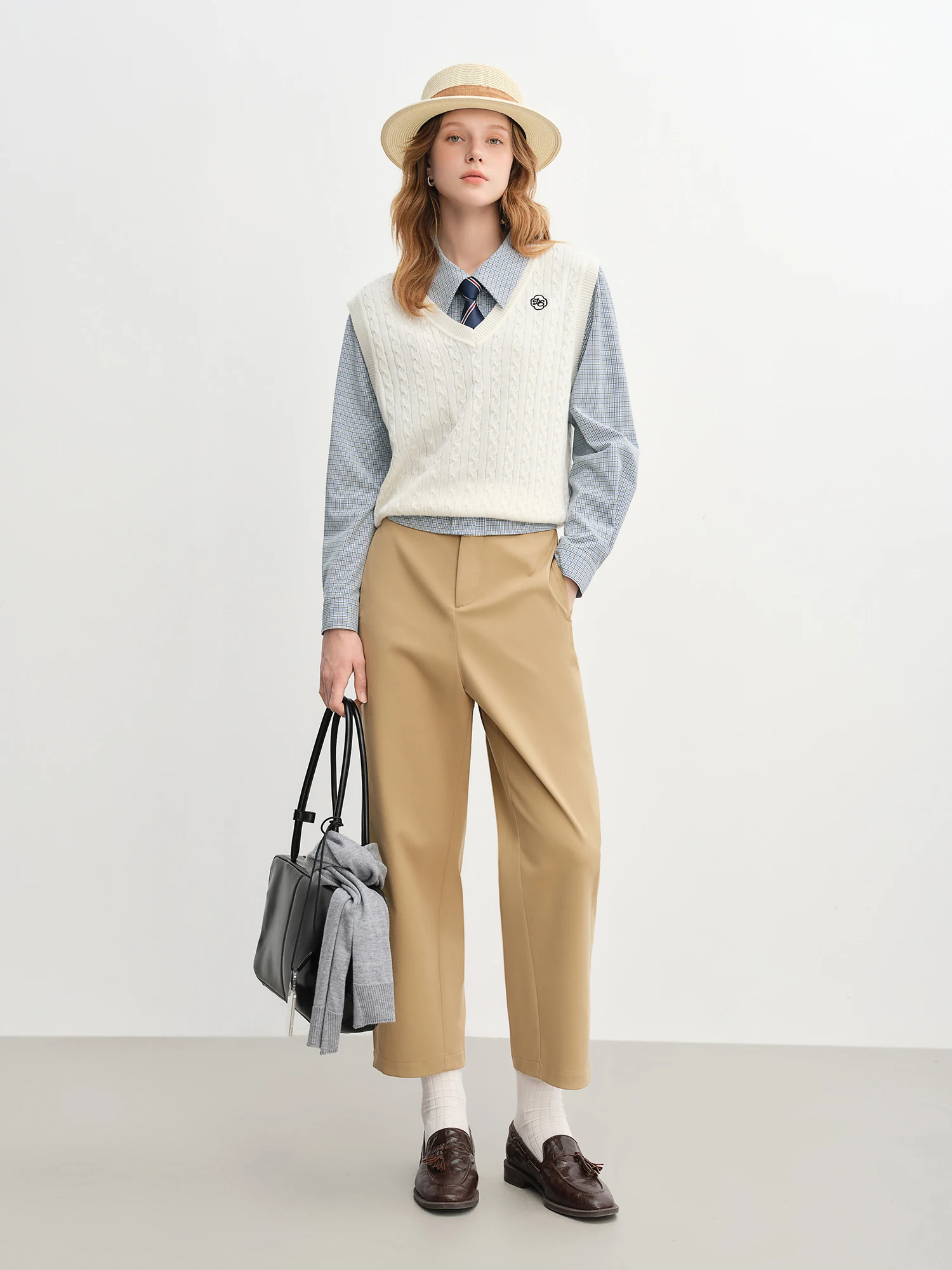 ​ 두슈 2025 여성 하이웨이스트 플레어 밑단 팬츠 - 여름 캐주얼 밴딩 허리밴드 발목 기장 트라우저 데일리룩 ​