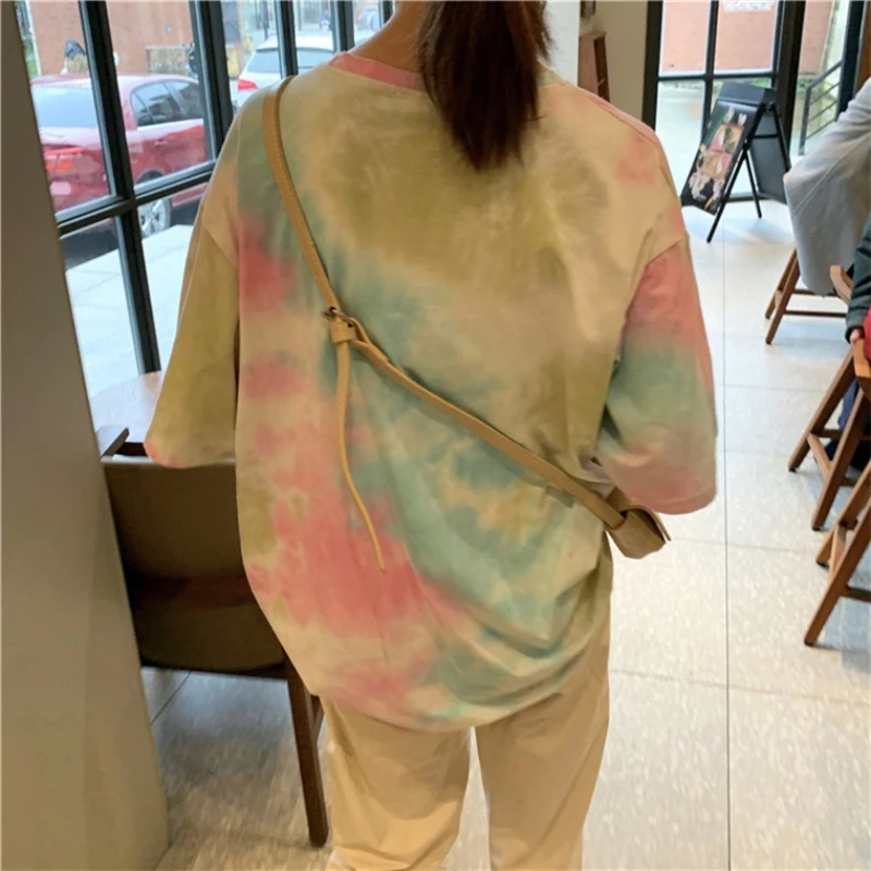 Tie Dye Summer T-Shirt Cotton Colorful INS Fashion Short Sleeve Tshirt For Women High Streetwear Y2K Crop Tops Casual Loose Tees
