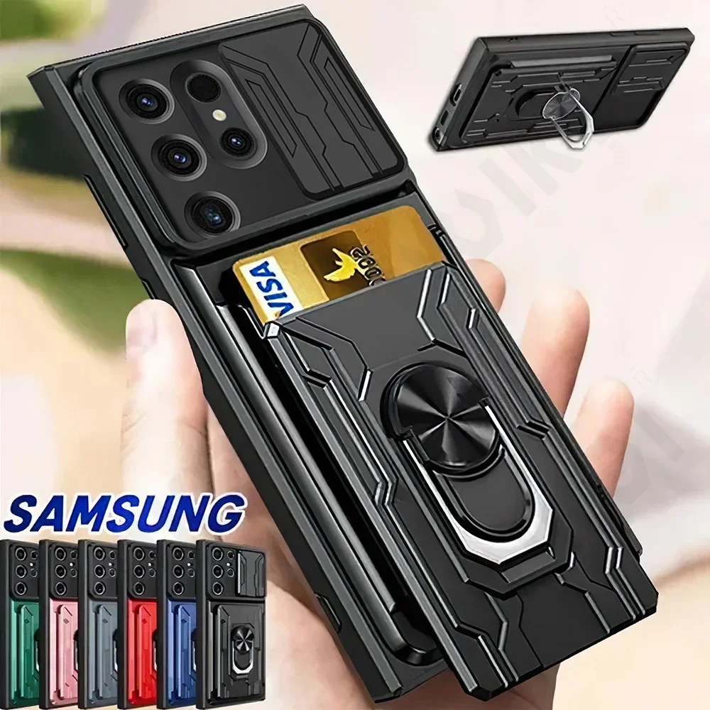 Case For Samsung Galaxy S24 S23 S22 S25 Ultra Plus S20 FE A34 A54 A56 A36 A55 A35 4G 5G Slide Camera Card Holder 360° Ring Cover