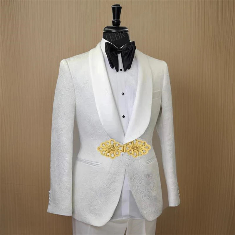 Floral Men Suit Jacket with Gold Mandarin Button 1 Pc Wedding Tuxedo Blazer Shawl Lapel Slim Fit Fashion African Style Male Suit