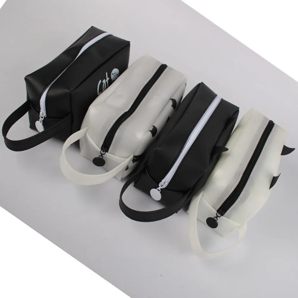 Cat Face Pencil Organizer Case – 2pcs Black & White Zippered Portable School Supply Storage Bag