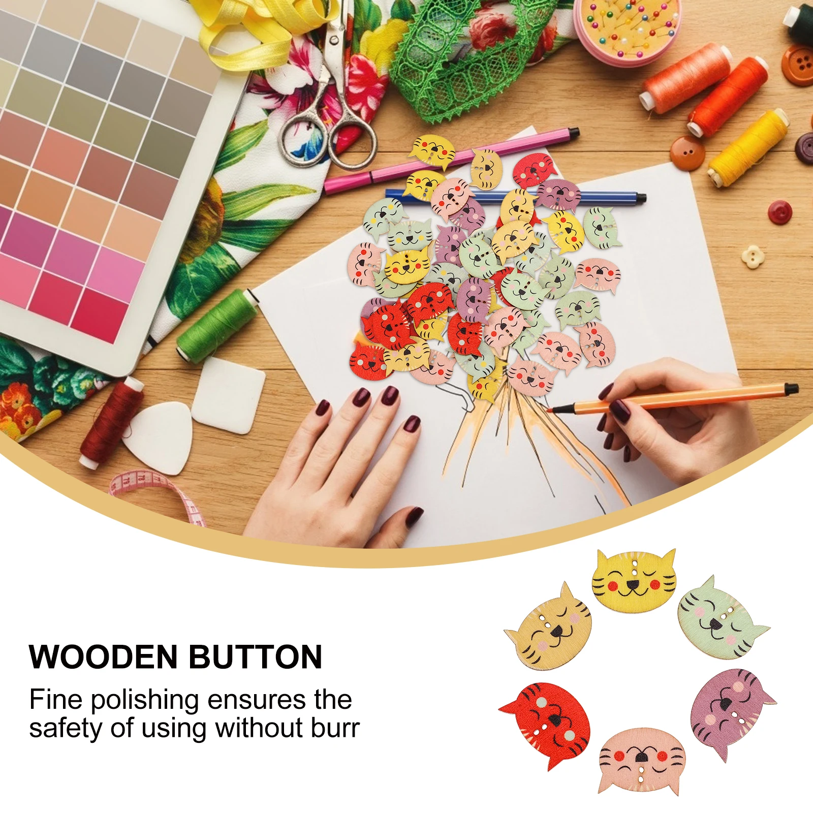 

100Pcs Wooden Clothes Button DIY Kitten Shaped Buttons Cartoon Crafted Multi-Functional Decorative Wooden Clothes Button
