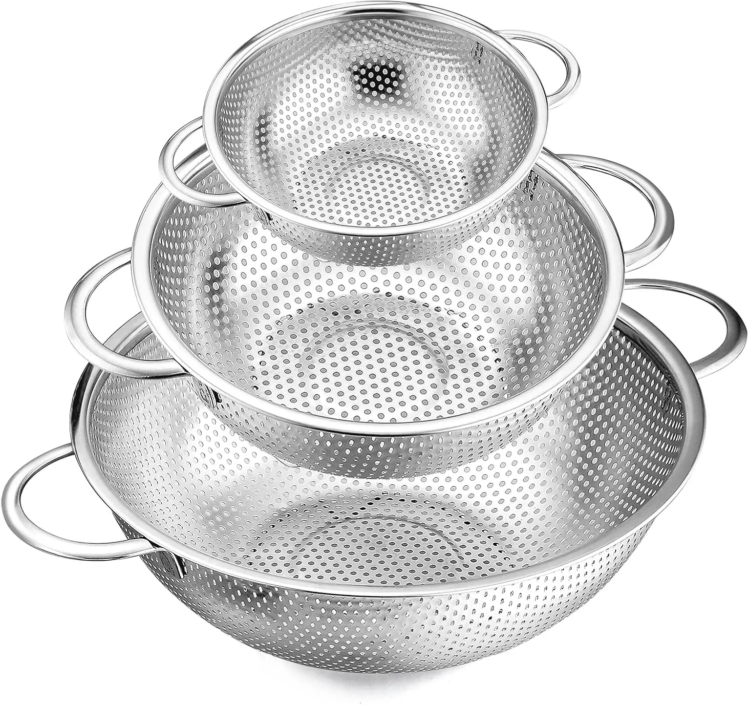 

3-Piece Stainless Steel Colander Set (1-3-5 Quart) - Micro-Perforated, Heavy Duty & Dishwasher Safe