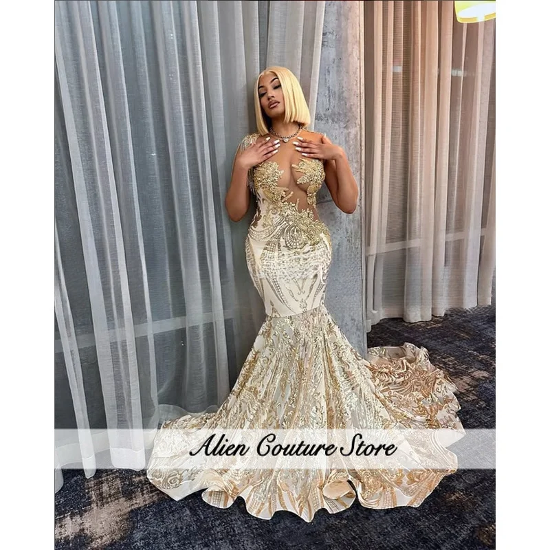 

Sexy Champagne Mermaid Prom Dress Dazzling Sheer Mesh African Bridal Gowns Long Birthday Party Evening Gowns Customized