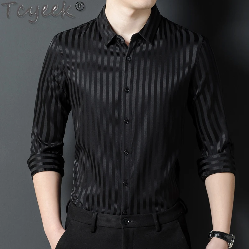 Tcyeek High-end 92.4% Mulberry Silk Shirt for Men Clothes Long Sleeve Top 2024 Spring Summer Mens Shirts Striped Shirt Рубашка