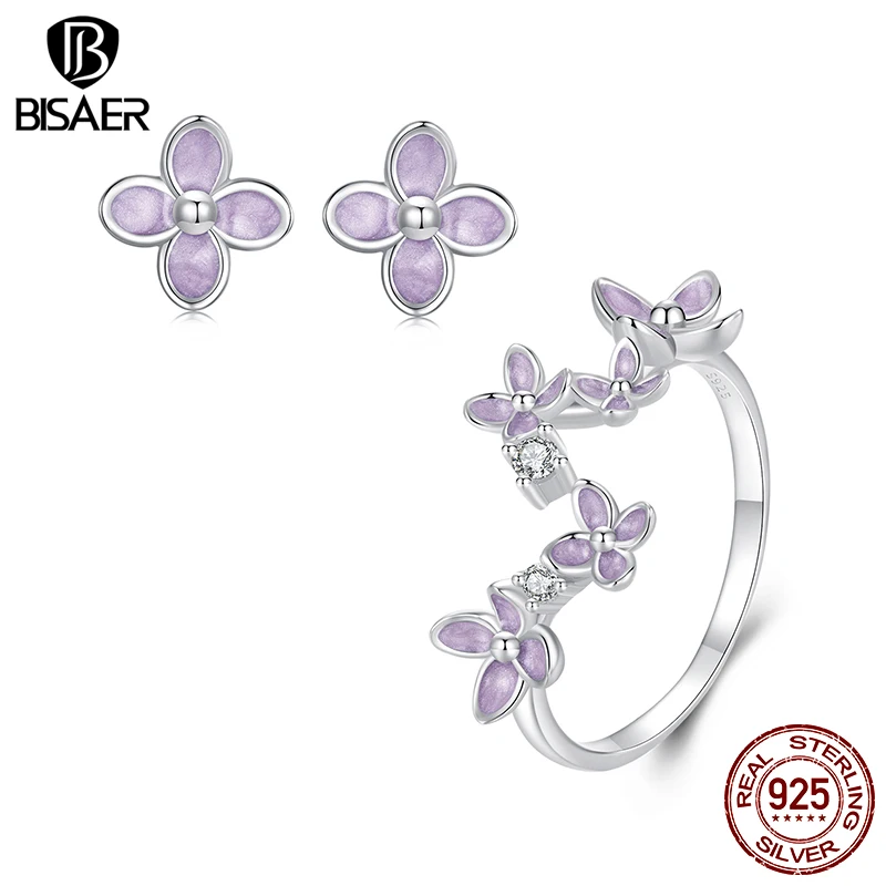 BISAER 925 Sterling Silver Lilac Flower Open Ring Enamel Stud Earrings Plated White Gold For Luxury Women Party Fine Jewelry