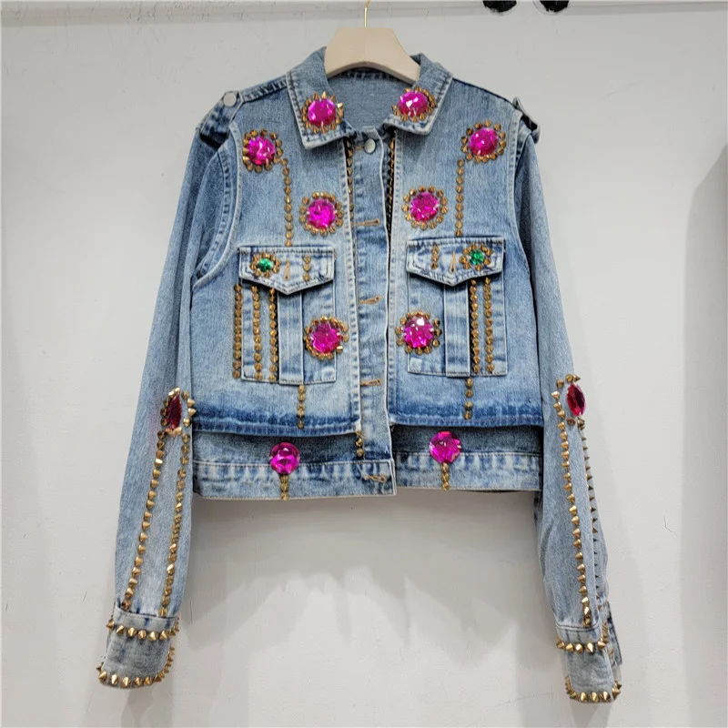 

Streetwear Denim Jacket Women's Short Jean Coats Nail-bead Diamonds Outerwear Female Fashion Loose Chaqueta Tops Spring Autumn