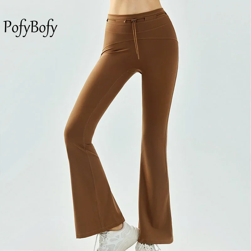 PofyBofy Adjustable Drawstring Waist Bell Bottom Elastic Spandex Seamless Women Leggings Yoga Fitness Dancing Gym Pilates Pants