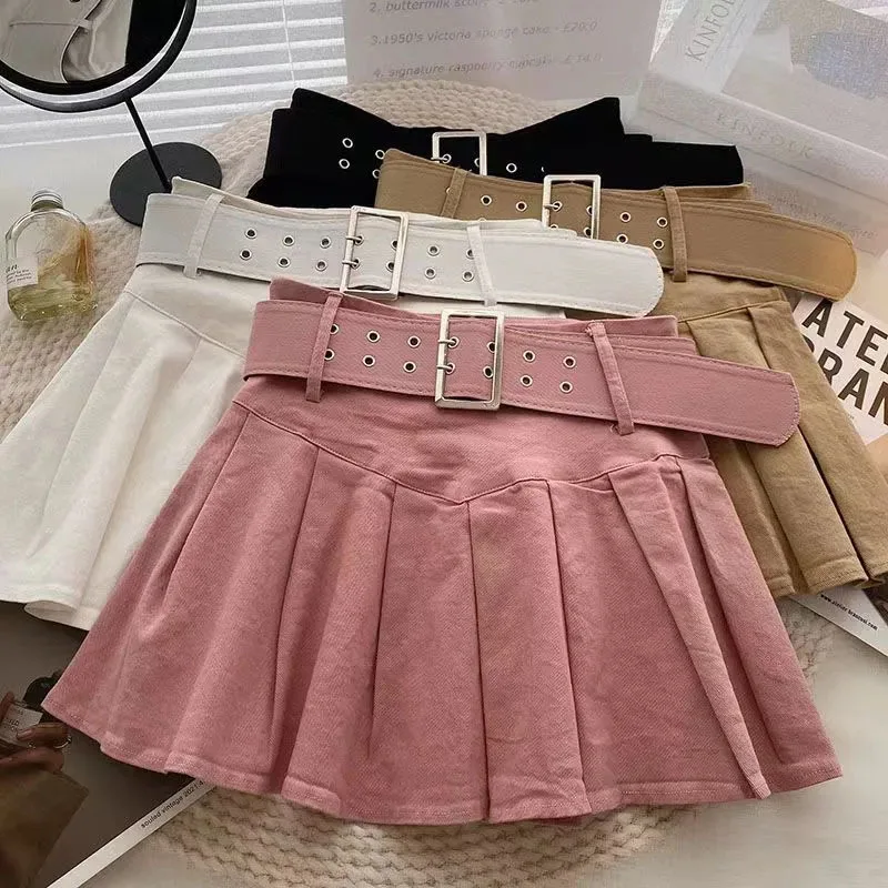 Fashion Belt Pleated Mini Skirt Women Sexy High Waist Casual Sweet Skirts Summer Chic Solid Simple Female Dance A Line Skirt New