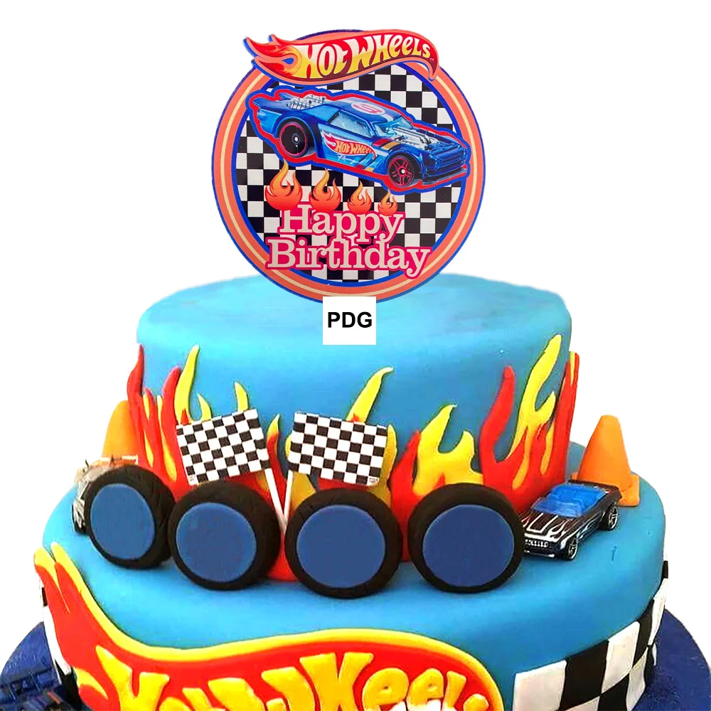 Hot Wheels Birthday Cake Topper Acrylic Car Black White Checkered Flag Cupcake Topper Race Speed Theme Birthday Kids Gifts Decor