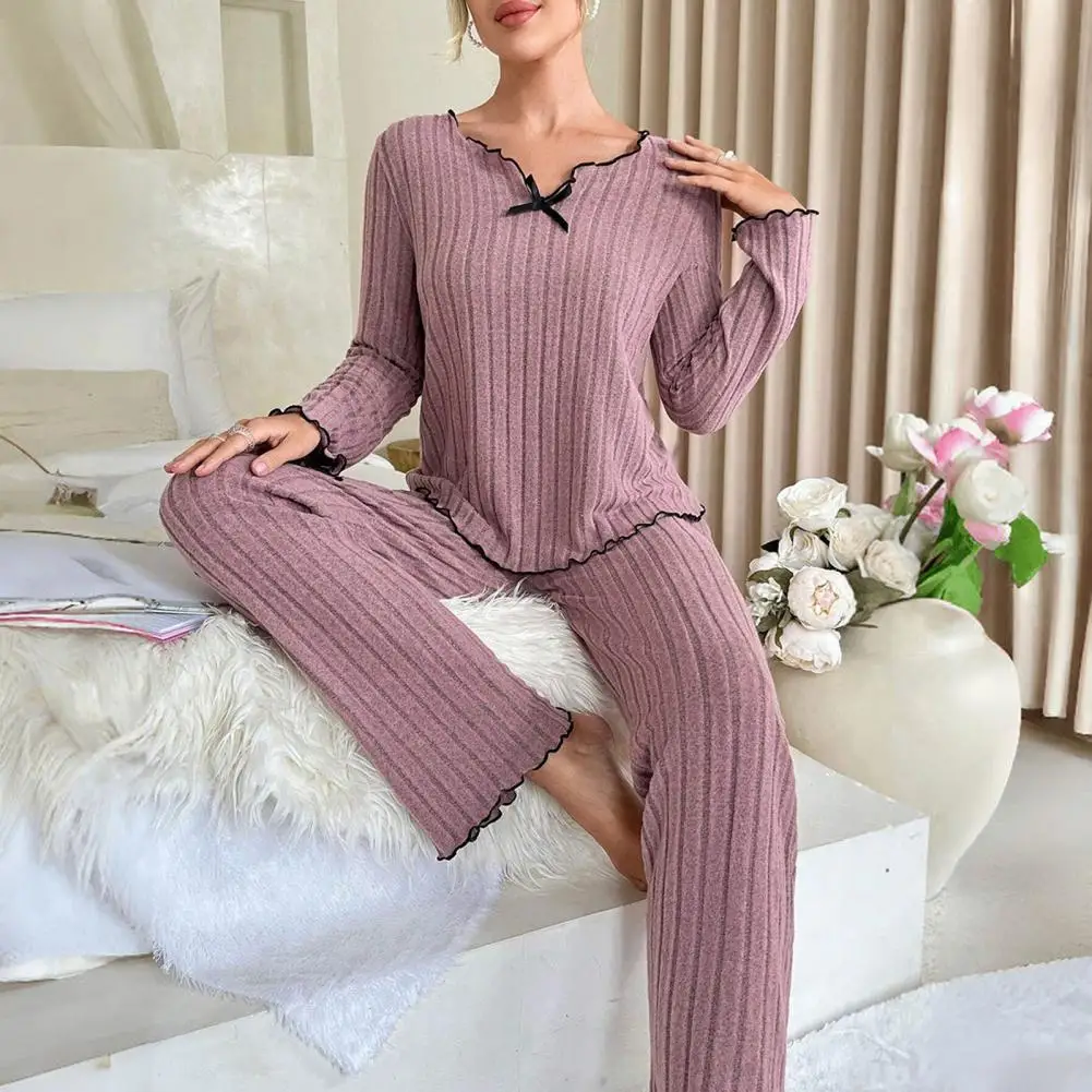 Herbst-Pyjama, elegantes Frühlings-Damen-Pyjama-Set mit V-Ausschnitt, Oberteil, elastische Taille, Hose, 2-teiliges Homewear-Outfit mit Schleife zum Entspannen