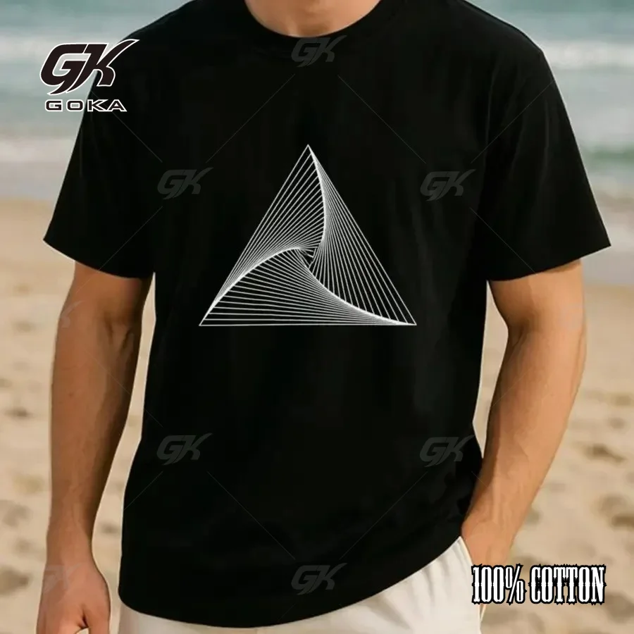 Optical Illusion Triangle Geometric T-Shirt, White Minimalist Abstract Line Art Graphic Tee, Modern Aesthetic Casual Y2k Clothes