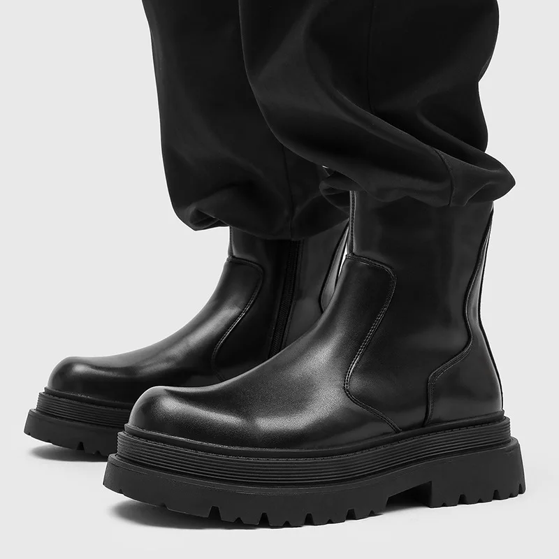large size mens casual high chelsea boots slip-on original leather shoes cowboy platform boot autumn winter motorcycle botas man