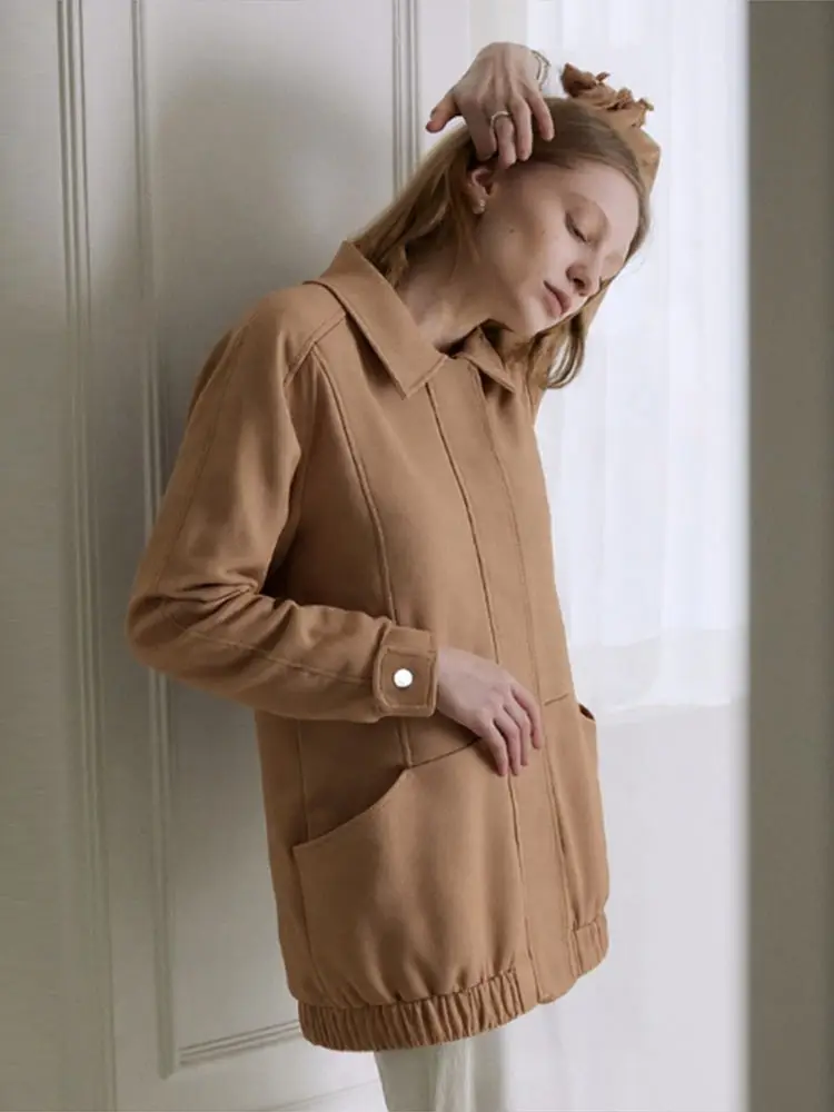 

Women Vintage Suede Brown Jacket Lapel Zipper Long Sleeve Female Coat 2025 Autumn Fashion High Street Casual Lady Outerwear