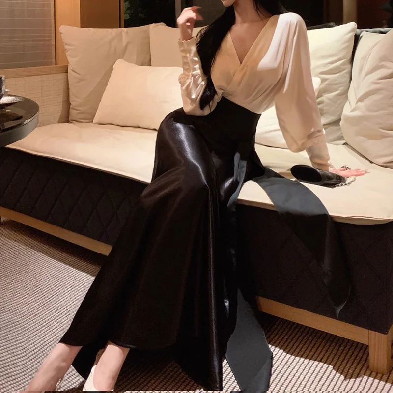 أنيقة الفرنسية هيبورن ملكة جمال كتلة اللون الخامس الرقبة Batwing كم قميص الخصر حزام التعادل طويلة الأكمام أعلى لخريف جديد وصول