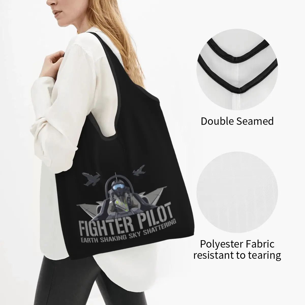 Fighter Pilot Cockpit Groceries Tote Shopping Bag  Funny Aviation Airplane Jet Plane Shoulder Shopper Bag Big Capacity Handbag