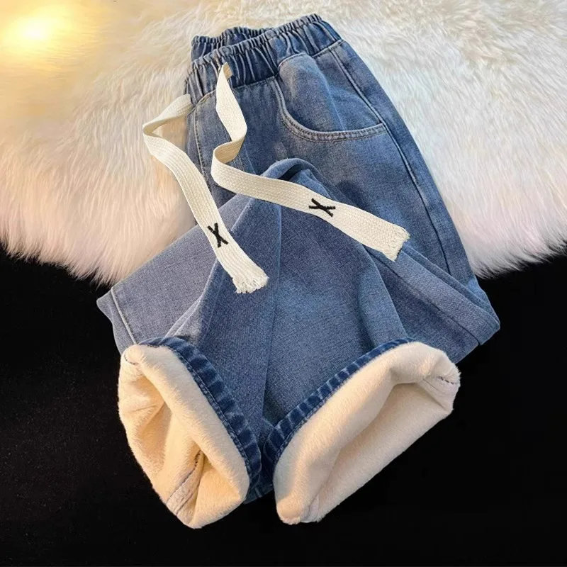 

Thiened Fce Lined American Sle High Street Dstring Men's Jeans Casual Loose Straight Leg Warm Bootcut Trousers