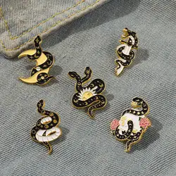 5Style Snake Enamel Pins Sun Flowers Moon  Brooch Lapel Badge Bag Cartoon Gothic Jewelry Gift for Kid Friend