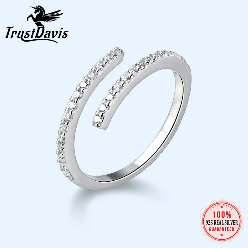 Trustdavis Authentic 925 Sterling Silver Line Twinkling CZ Cocktail Opening Sizable For Women Silver 925 Ring Jewelry Gift DA771