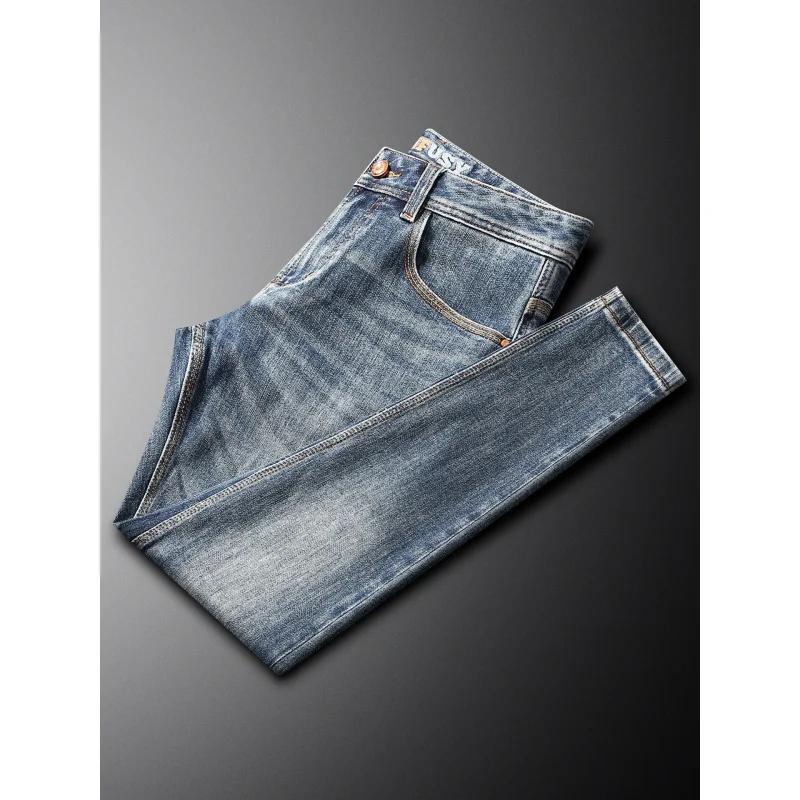 Vintage - Pantalones vaqueros azules de moda de estilo coreano Pantalones rectos elásticos de alta gama Moda para hombres Grueso Otoño Invierno