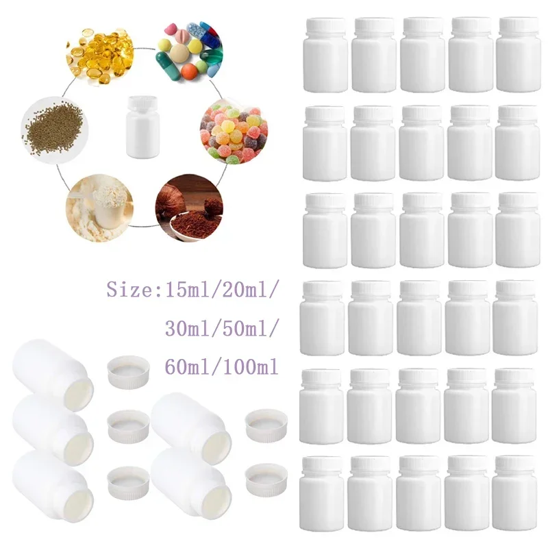 

30Pcs 15ml-100ml White Plastic Pill Bottles Empty Portable Refillable Capsule Sealed Container Medicine Storage Vial For Powder