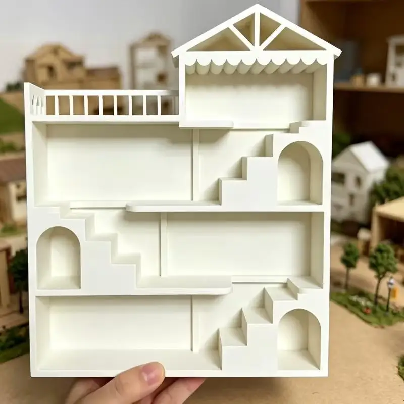 Mini House Villa Display Shelf White Multi-Story Staircase Storage Rack for Desktop Dollhouse Scene Ornament Display Home Decor