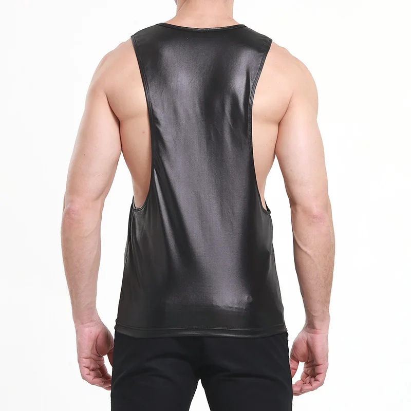 Men Sexy PU Leather Tank Top Sleeveless Erotic Shaping Sheath Stretch Shirts Soft Loose Bodycon Patent Leather T-shirt Club Vest