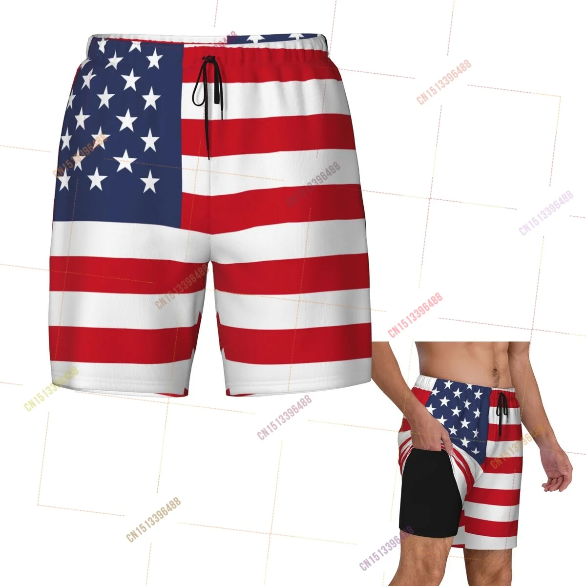 

2026 Usa Flag Top Print 3D Mens Swimming Trunks Hawaiian Bathing Beach 2 in 1 Quick-Dry Summer Swim Shorts With Pockets