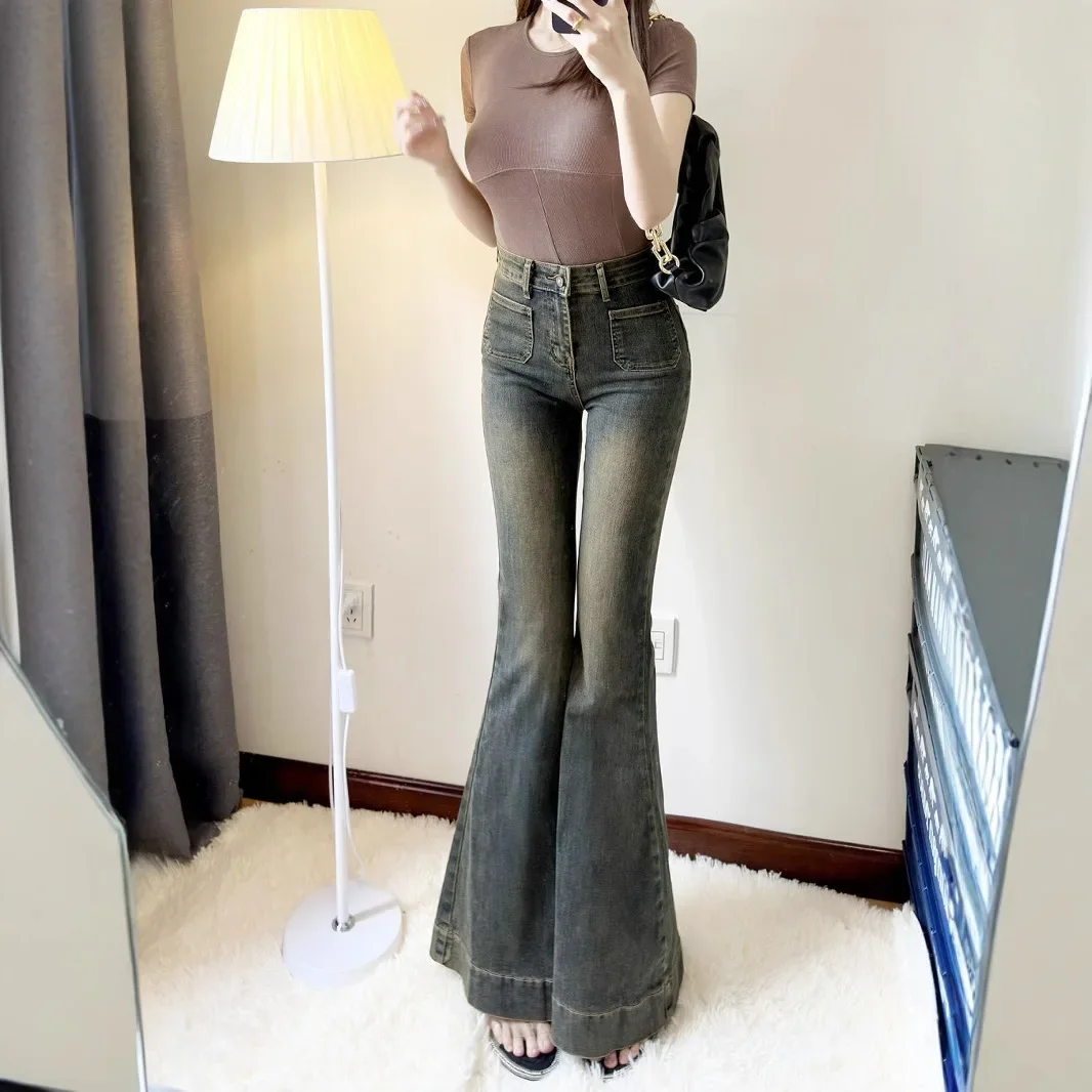 المرأة خمر عالية الخصر جرس أسفل الجينز النساء ربيع الخريف الرجعية غسلها سليم نحيل الدينيم السراويل الشارع الشهير بناطيل كاجوال