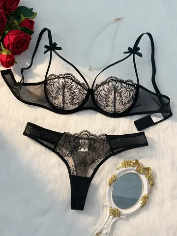 2 piece women s black comfortable lightweight bow semi transparent lingerie set ZA824057