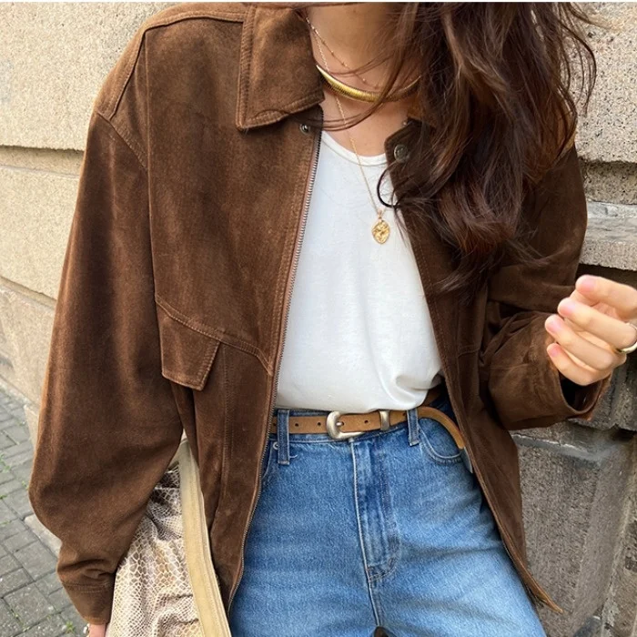 

Женская шикарная замшевая хлопковая одежда средней длины с длинным светом в американском стиле в стиле ретро для поездок на работу