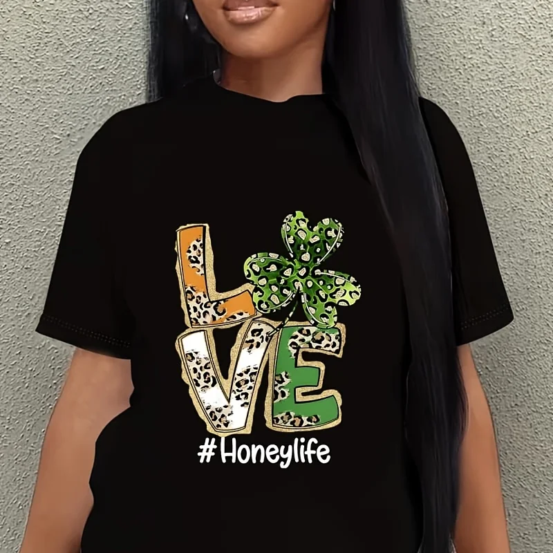 Plaid Shamrock Leopard Funny St Patricks Day Love Honey Women's Plus Size T-Shirt 100% Cotton 220g