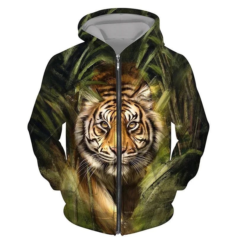 

New animal print 3D tiger sports shirt zipper men's sports shirt hooded sports shirt with zipper workwear top men's fashion