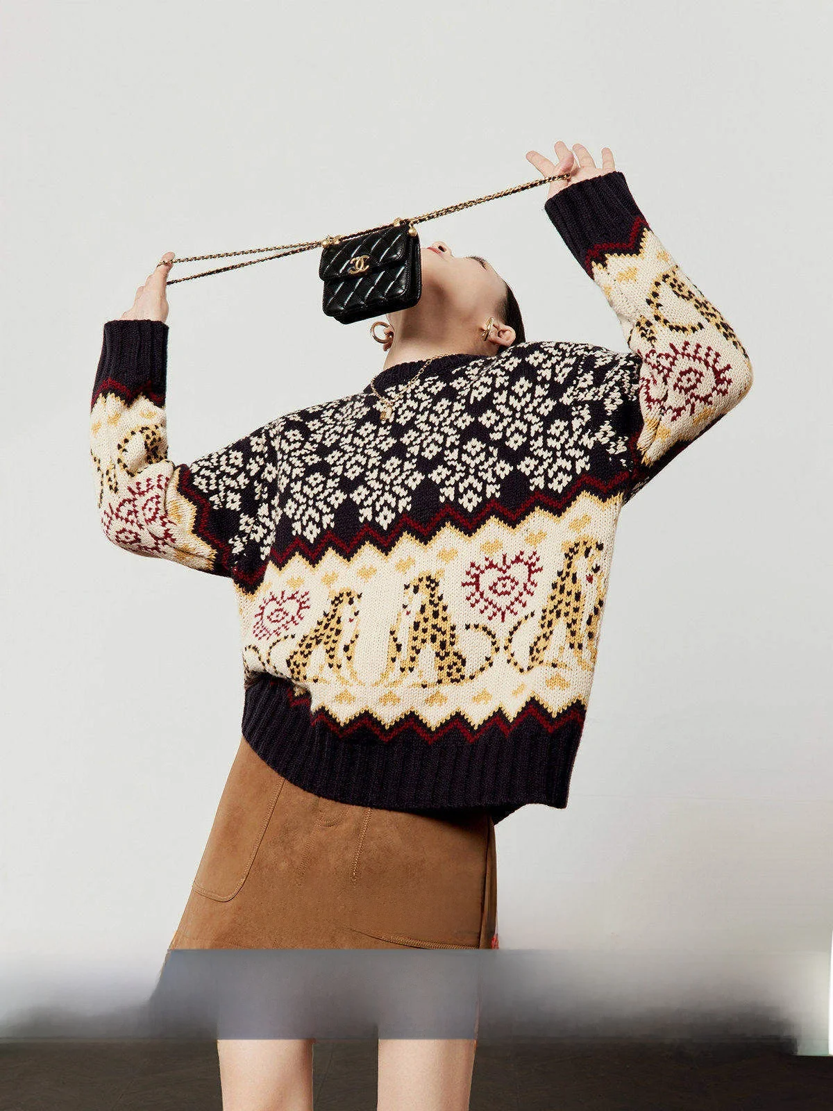 

Retro Sle Color Blo Knitted Sweater Women's Loose Fit Fair Isle Knit Top Spring 2026 Casual Chic Floral Patterned Sweater