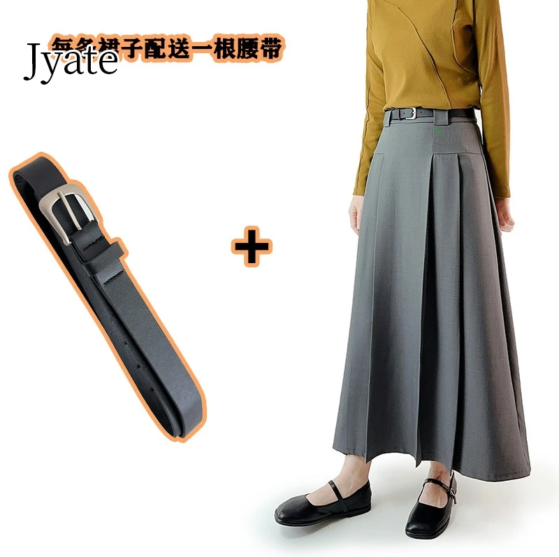 Jyate High Waist Pleated Skirt With Belt Women's Skirt Spring And Summer New Woman Clothes Solid Suit A Line Skirts Street Style