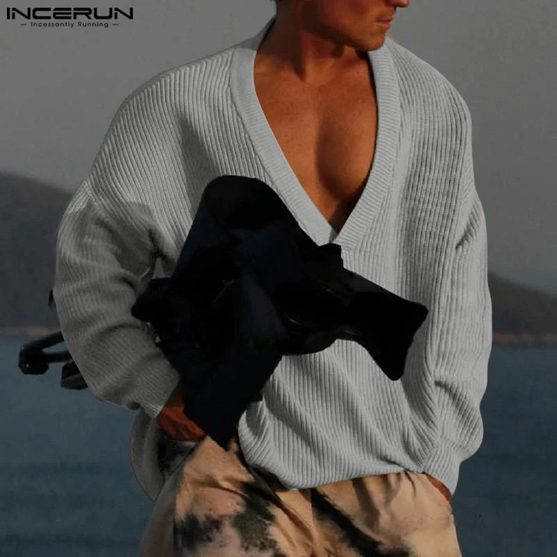 

INCERUN мужской свитер осенний однотонный вязаный мужской пуловер с v-образным вырезом и длинными рукавами уличная одежда 2025 модная повседневная мужская одежда