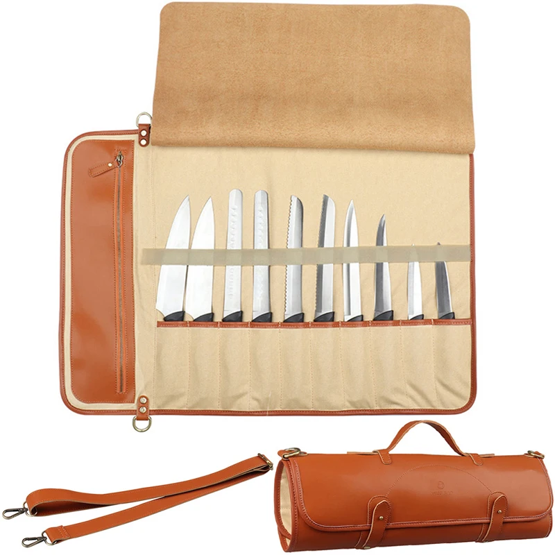 Leather Durable Portable Chef Knife Bag Cleaver Slicer Santoku Knives Pocket Outdoor Roll Bag Carry Case Kitchen Storage Tools