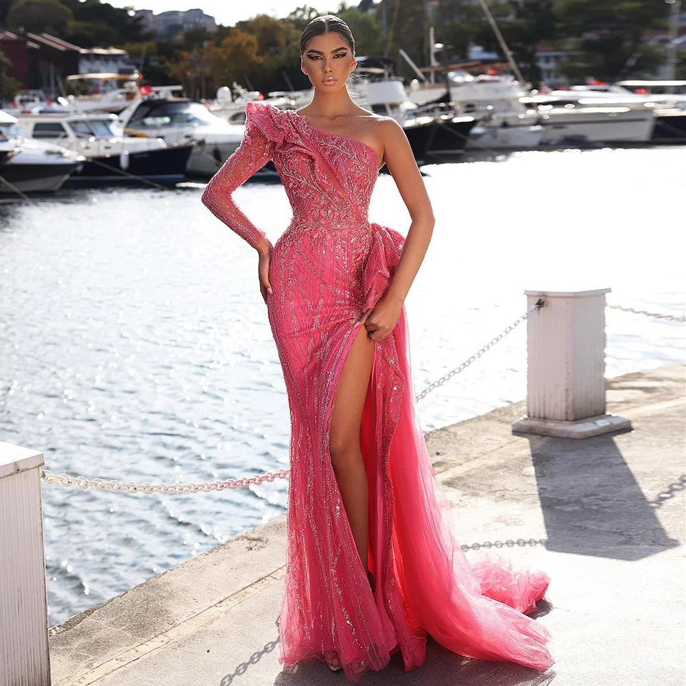 Sharon Said Luxury Dubai Fuchsia One Shoulder Evening Dresses Saudi Arab Side Slit Mermaid Formal Dress for Women Wedding SS360