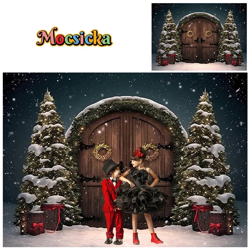 

Mocsicka Photography Background Christmas Party Xmas Tree Wooden Door Snowy New Year's Eve Party Outdoor For Kids Portrait Photo