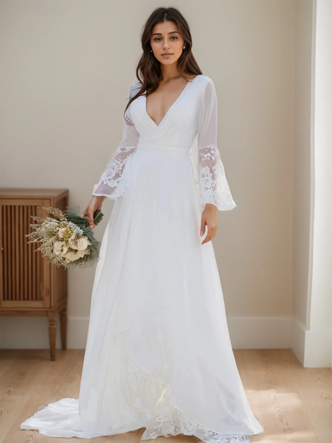 Elegant A-Line Wedding Dress Long Sleeve V Neck Tulle Appliques Sweep Train Engagement Rehearsal Dresses 2025 Free Customized