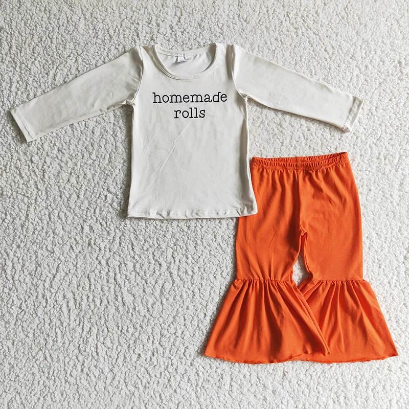 

Wholesale Baby Girl Thanksgiving Homemade Rolls Toddler Shirt Outfit Orange Cotton Bell Pants Infant Children Kid Fall New Set